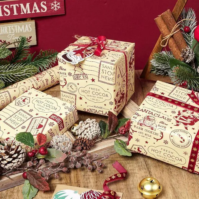 Alt view image 4 of 7 - CozyNestFinds Vintage Christmas Wrapping Paper Roll, Vintage Newspaper Style Santa Claus, Hot Cocoa Nostalgic Design Cream Red Retro Holiday Party Gift Wrap, DIY Crafts, Mini Roll 17in x 16.4 Ft