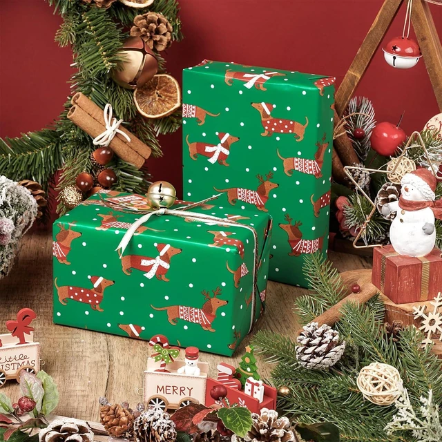 Alt view image 4 of 7 - CozyNestFinds Christmas Dachshund Wrapping Paper Mini Roll, Dachshund Dressed in Festive Customes, White Snow-dot Xmas Green Design, Holiday Party Gift Wrap for Kids Boys Girls, 17 inches x 16.4 Feet