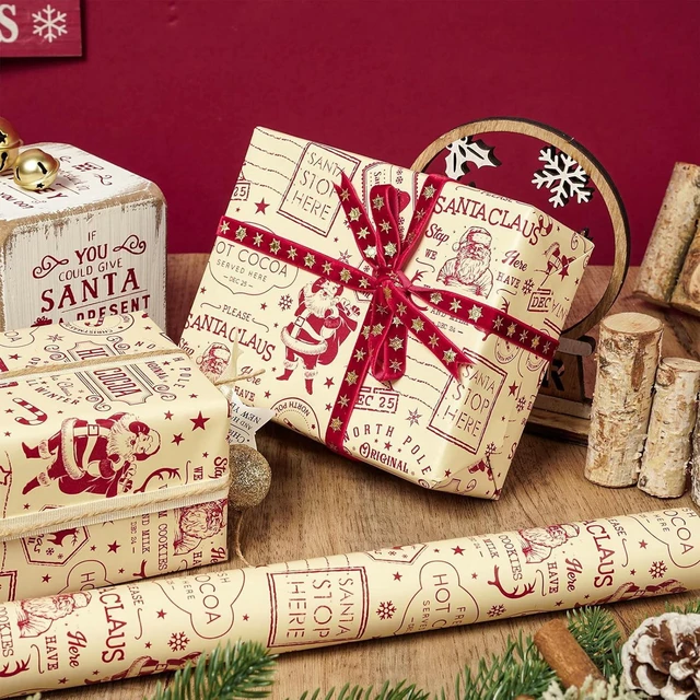 Alt view image 2 of 7 - CozyNestFinds Vintage Christmas Wrapping Paper Roll, Vintage Newspaper Style Santa Claus, Hot Cocoa Nostalgic Design Cream Red Retro Holiday Party Gift Wrap, DIY Crafts, Mini Roll 17in x 16.4 Ft