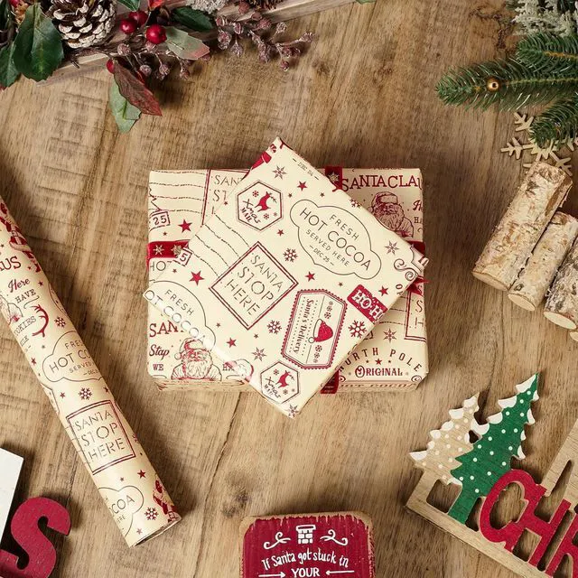 Alt view image 6 of 7 - CozyNestFinds Vintage Christmas Wrapping Paper Roll, Vintage Newspaper Style Santa Claus, Hot Cocoa Nostalgic Design Cream Red Retro Holiday Party Gift Wrap, DIY Crafts, Mini Roll 17in x 16.4 Ft