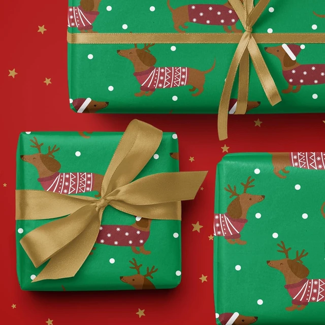 Alt view image 6 of 7 - CozyNestFinds Christmas Dachshund Wrapping Paper Mini Roll, Dachshund Dressed in Festive Customes, White Snow-dot Xmas Green Design, Holiday Party Gift Wrap for Kids Boys Girls, 17 inches x 16.4 Feet