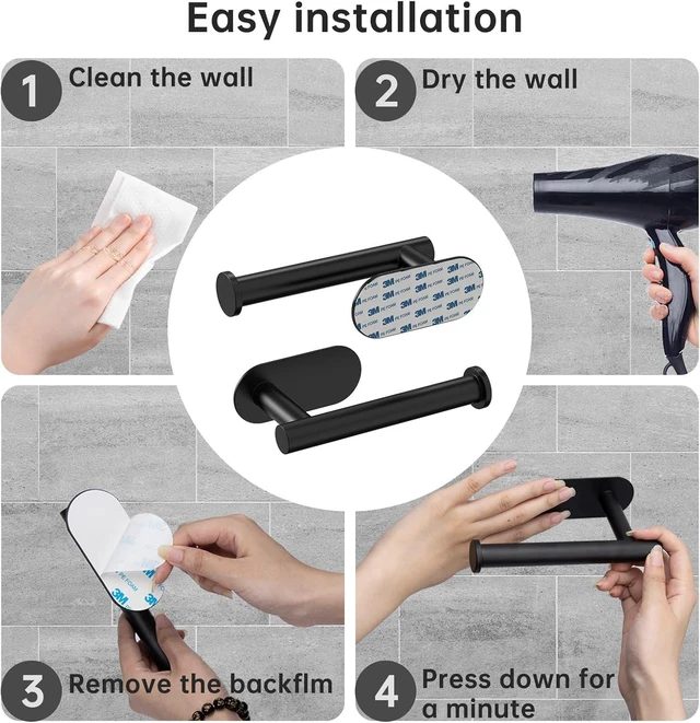 Alt view image 5 of 7 - RV Toilet Paper Holder - Self-Adhesive Wall Mount, No Drill Required, Black Stainless Steel, Includes 2 Hooks - RV Paper Towel Holder for Campers, Bathrooms, and Kitchens