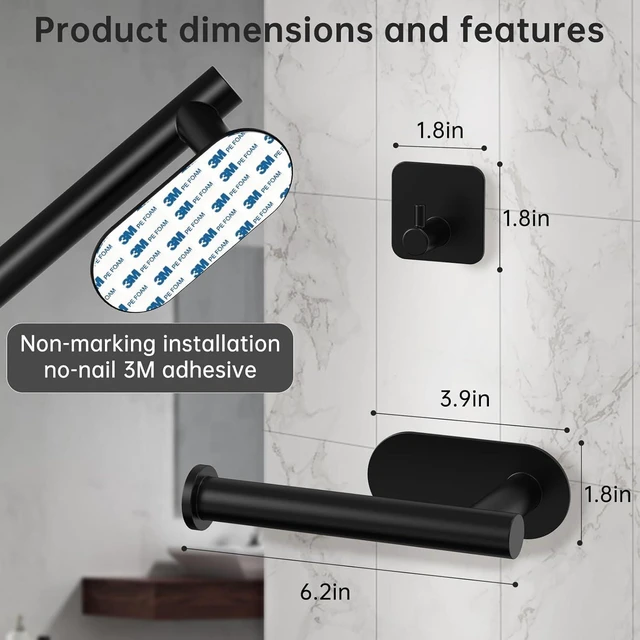 Alt view image 7 of 7 - RV Toilet Paper Holder - Self-Adhesive Wall Mount, No Drill Required, Black Stainless Steel, Includes 2 Hooks - RV Paper Towel Holder for Campers, Bathrooms, and Kitchens