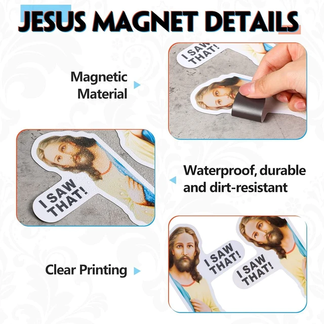 Alt view image 6 of 7 - KitchenKey 6 Pcs I Saw That Jesus Magnetic Sticker Funny Cruise Car Magnets Waterproof Peeking Refrigerator Magnets Magnetic Decal for Christmas Kitchen Vehicle Laptop Locker, 3.54 x 5.91 Inches