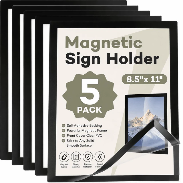 Main image of CozyNestFinds 5 Pack Magnetic Sign Holder 8.5 x 11, Self-Adhesive Magnetic Wall Mount Sign Holder, Magnetic Document Holder for Wall Window Office Poster Store