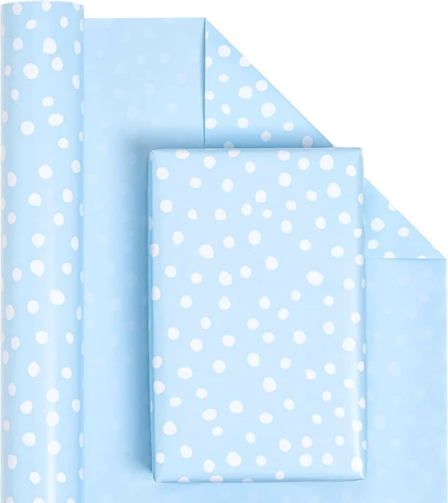 Alt view image 2 of 7 - CozyNestFinds Reversible Wrapping Paper - Mini Roll - 17 Inch X 33 Feet - Light Blue and Delicate Polka Dots Design for Birthday, Holiday, Wedding, Baby Shower