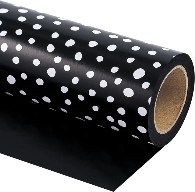 Main image of CozyNestFinds Reversible Wrapping Paper - Mini Roll - 17 Inch X 33 Feet - Black and Delicate Polka Dots Design for Birthday, Holiday, Wedding, Baby Shower
