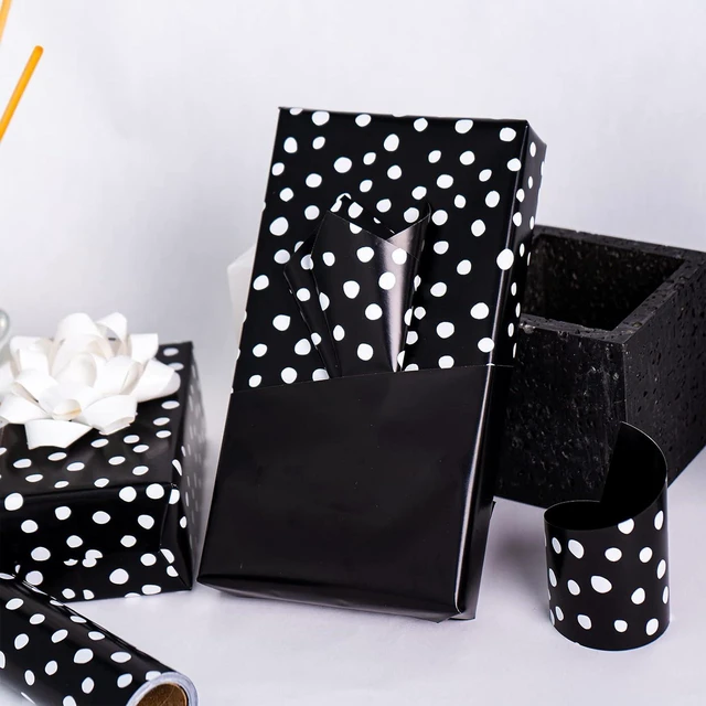 Alt view image 5 of 7 - CozyNestFinds Reversible Wrapping Paper - Mini Roll - 17 Inch X 33 Feet - Black and Delicate Polka Dots Design for Birthday, Holiday, Wedding, Baby Shower