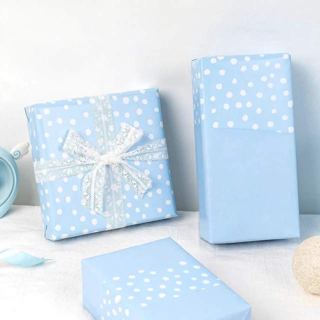 Alt view image 4 of 7 - CozyNestFinds Reversible Wrapping Paper - Mini Roll - 17 Inch X 33 Feet - Light Blue and Delicate Polka Dots Design for Birthday, Holiday, Wedding, Baby Shower