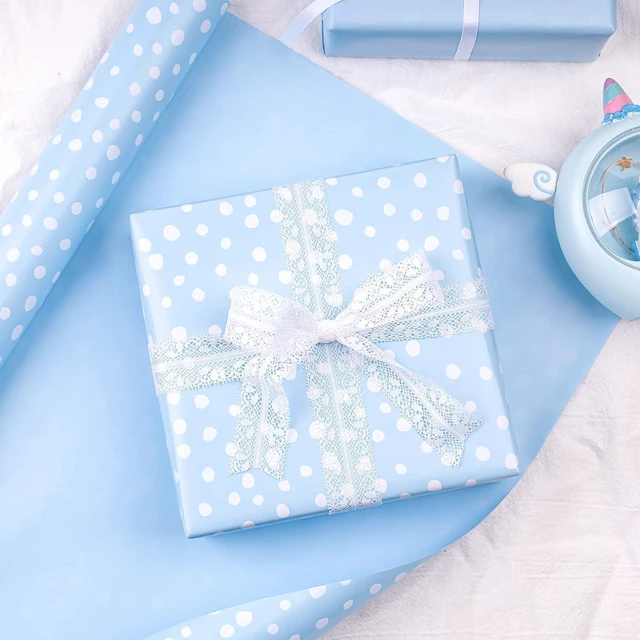 Alt view image 5 of 7 - CozyNestFinds Reversible Wrapping Paper - Mini Roll - 17 Inch X 33 Feet - Light Blue and Delicate Polka Dots Design for Birthday, Holiday, Wedding, Baby Shower