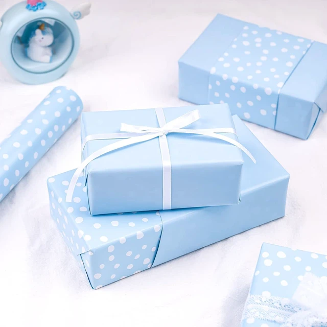 Alt view image 6 of 7 - CozyNestFinds Reversible Wrapping Paper - Mini Roll - 17 Inch X 33 Feet - Light Blue and Delicate Polka Dots Design for Birthday, Holiday, Wedding, Baby Shower