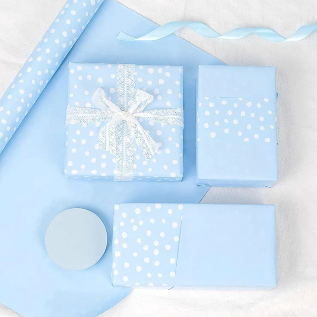 Alt view image 7 of 7 - CozyNestFinds Reversible Wrapping Paper - Mini Roll - 17 Inch X 33 Feet - Light Blue and Delicate Polka Dots Design for Birthday, Holiday, Wedding, Baby Shower