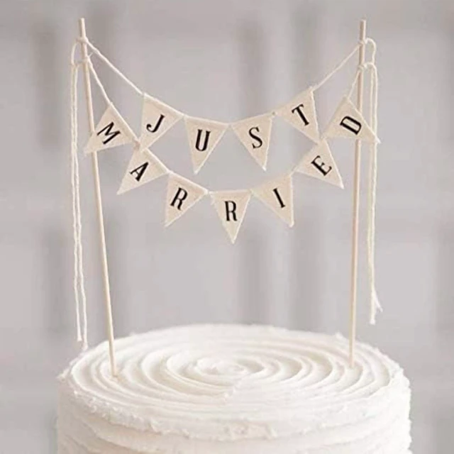 Alt view image 2 of 3 - Wedding Cake Topper,Vintage Affair Rustic Just Married Wedding Cake or Cheese Bunting,Handmade Pennant Flags with Wood Pole Ivory(White)