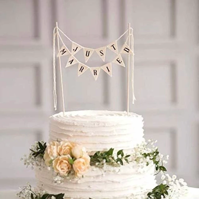 Alt view image 3 of 3 - Wedding Cake Topper,Vintage Affair Rustic Just Married Wedding Cake or Cheese Bunting,Handmade Pennant Flags with Wood Pole Ivory(White)