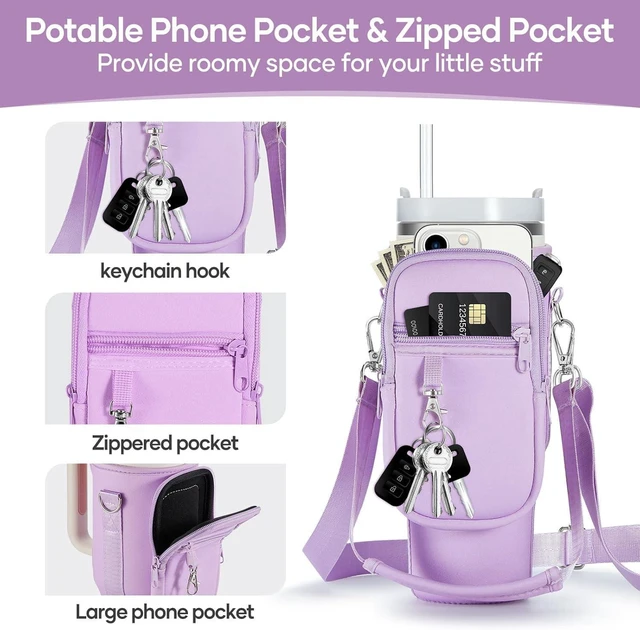 Alt view image 3 of 7 - CozyNestFinds Water Bottle Carrier Bag for Stanley Cup 40/30oz with Phone Holder Pockets,Neoprene Water Bottle Cross-body Bag with Adjustable Shoulder & Hand Strap Stanley Cup Accessories