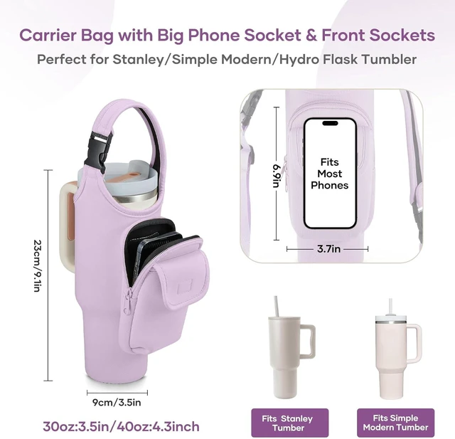 Alt view image 6 of 7 - CozyNestFinds Carrier Bag with Phone&Flap Pockets for Stanley 40/30oz Tumbler with Handle, Insulated Neoprene Cup Holder Carrier Bag w/Shoulder & Handheld Strap Fits Stanley Cup Accessories