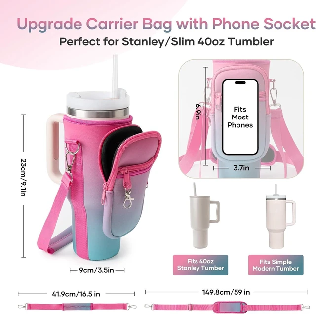 Alt view image 2 of 7 - CozyNestFinds Water Bottle Carrier Bag for Stanley Cup 40/30oz with Phone Holder Pockets,Neoprene Water Bottle Cross-body Bag with Adjustable Shoulder & Hand Strap Stanley Cup Accessories