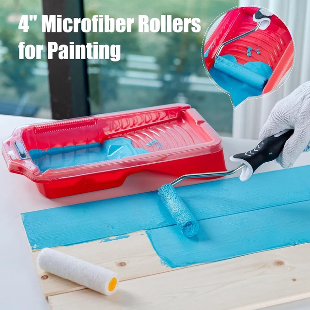 Alt view image 2 of 7 - 4 Inch Paint Roller Kit, 12-Piece Professional Tray Set with 6 Microfiber Sleeves, Liner & Cover, Handle, 1.5" Angled Brush - for Walls, Ceilings, Cabinets, DIY & Pro Painting