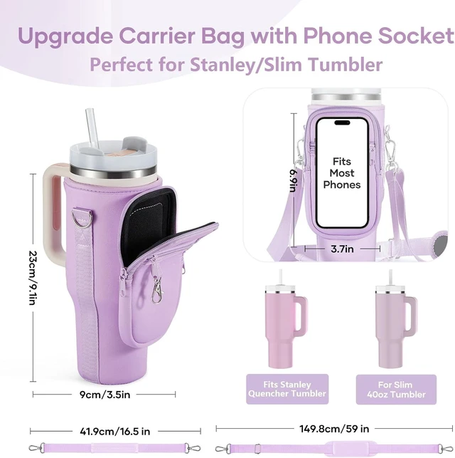 Alt view image 4 of 7 - CozyNestFinds Water Bottle Carrier Bag for Stanley Cup 40/30oz with Phone Holder Pockets,Neoprene Water Bottle Cross-body Bag with Adjustable Shoulder & Hand Strap Stanley Cup Accessories
