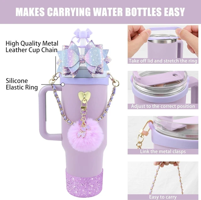 Alt view image 2 of 7 - CozyNestFinds Bling Accessories for Stanley Cup 40oz & 30oz Tumbler including Silicone Cute Bow Straw Topper Cover, Silicone Boot for Stanley Cup,Leather Water Bottle Handle Strap, Charms