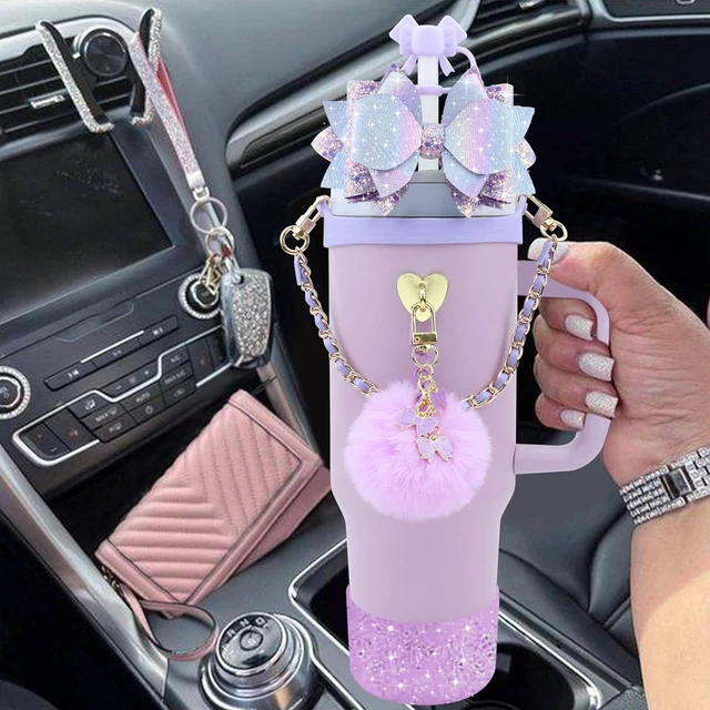 Alt view image 5 of 7 - CozyNestFinds Bling Accessories for Stanley Cup 40oz & 30oz Tumbler including Silicone Cute Bow Straw Topper Cover, Silicone Boot for Stanley Cup,Leather Water Bottle Handle Strap, Charms