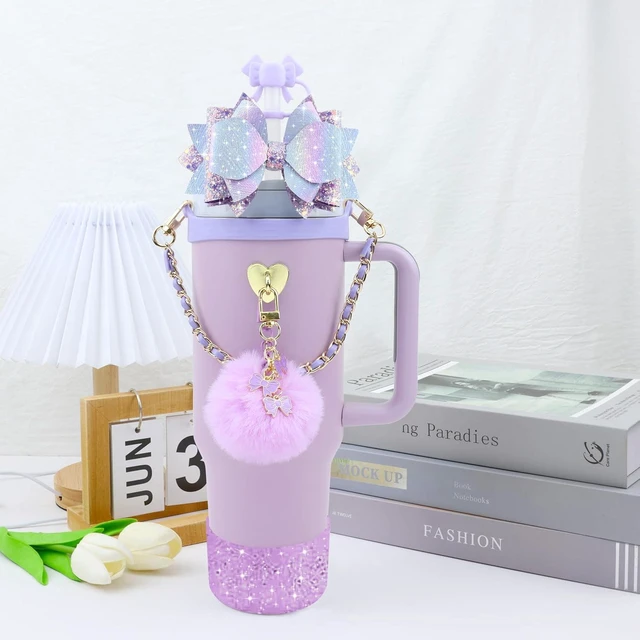 Alt view image 6 of 7 - CozyNestFinds Bling Accessories for Stanley Cup 40oz & 30oz Tumbler including Silicone Cute Bow Straw Topper Cover, Silicone Boot for Stanley Cup,Leather Water Bottle Handle Strap, Charms