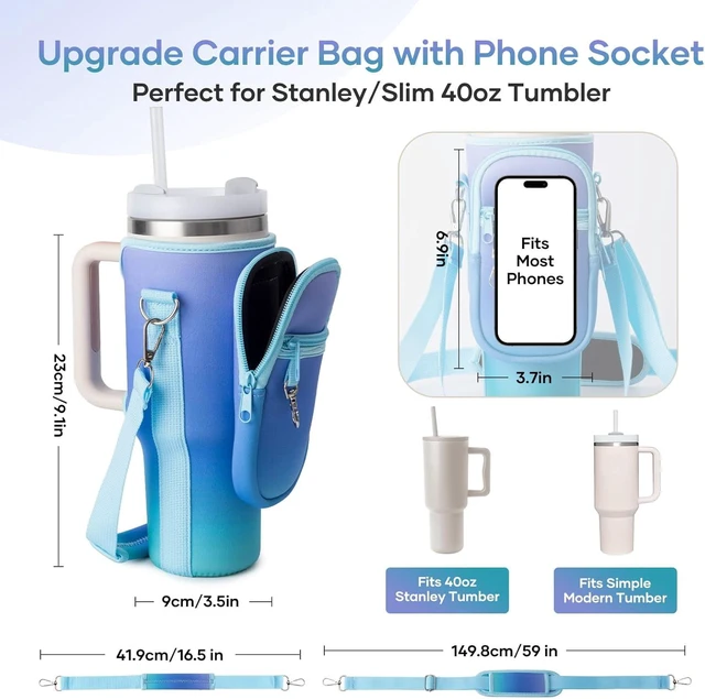 Alt view image 7 of 7 - CozyNestFinds Water Bottle Carrier Bag for Stanley Cup 40/30oz with Phone Holder Pockets,Neoprene Water Bottle Cross-body Bag with Adjustable Shoulder & Hand Strap Stanley Cup Accessories