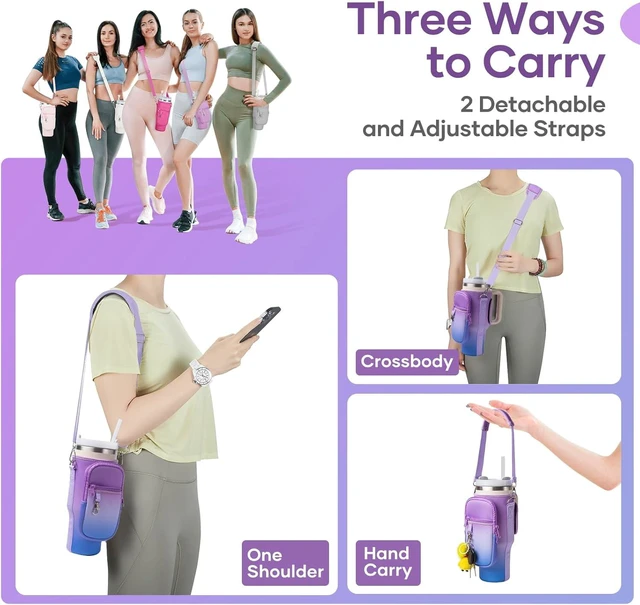 Alt view image 7 of 7 - Water Bottle Carrier Bag for Stanley Cup 40/30oz with Phone Holder Pockets,Neoprene Water Bottle Cross-body Bag with Adjustable Shoulder & Hand Strap Stanley Cup Accessories