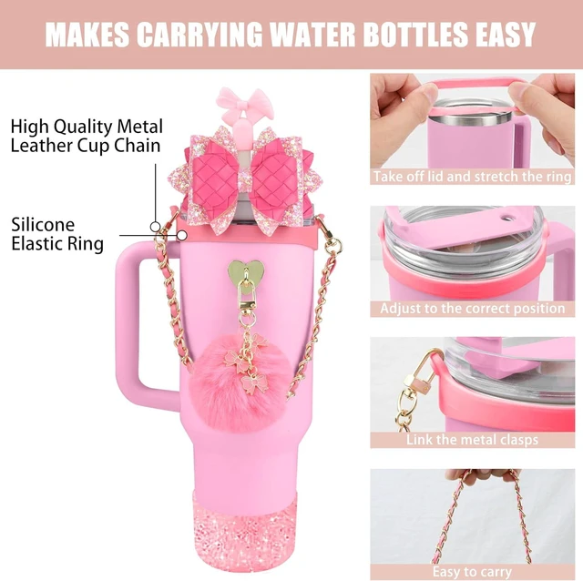 Alt view image 2 of 7 - CozyNestFinds Bling Accessories for Stanley Cup 40oz & 30oz Tumbler including Silicone Cute Bow Straw Topper Cover, Silicone Boot for Stanley Cup,Leather Water Bottle Handle Strap, Charms