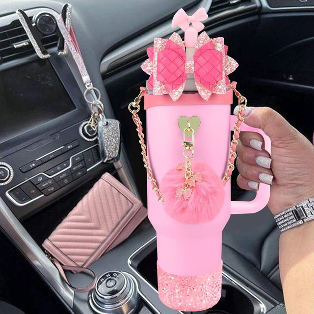 Alt view image 5 of 7 - CozyNestFinds Bling Accessories for Stanley Cup 40oz & 30oz Tumbler including Silicone Cute Bow Straw Topper Cover, Silicone Boot for Stanley Cup,Leather Water Bottle Handle Strap, Charms