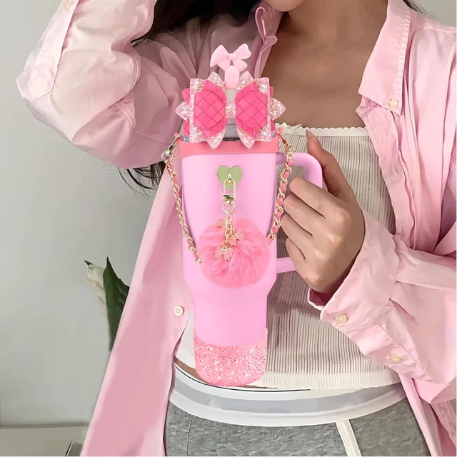 Alt view image 4 of 7 - CozyNestFinds Bling Accessories for Stanley Cup 40oz & 30oz Tumbler including Silicone Cute Bow Straw Topper Cover, Silicone Boot for Stanley Cup,Leather Water Bottle Handle Strap, Charms