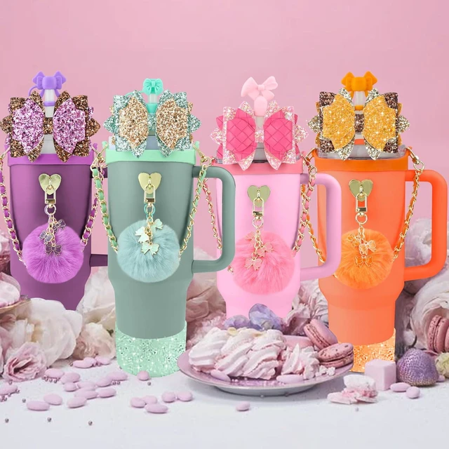 Alt view image 7 of 7 - CozyNestFinds Bling Accessories for Stanley Cup 40oz & 30oz Tumbler including Silicone Cute Bow Straw Topper Cover, Silicone Boot for Stanley Cup,Leather Water Bottle Handle Strap, Charms