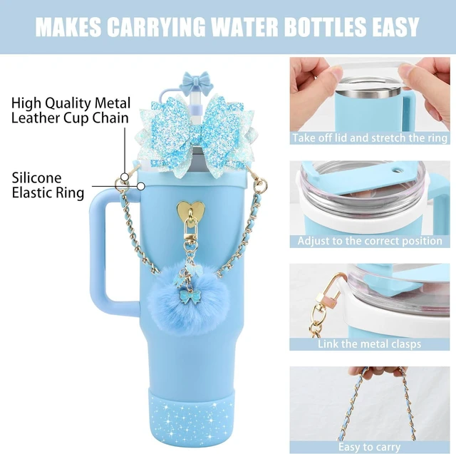 Alt view image 2 of 7 - CozyNestFinds Bling Accessories for Stanley Cup 40oz & 30oz Tumbler including Silicone Cute Bow Straw Topper Cover, Silicone Boot for Stanley Cup,Leather Water Bottle Handle Strap, Charms