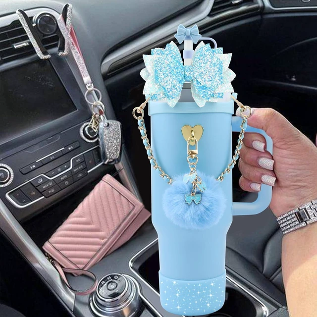 Alt view image 5 of 7 - CozyNestFinds Bling Accessories for Stanley Cup 40oz & 30oz Tumbler including Silicone Cute Bow Straw Topper Cover, Silicone Boot for Stanley Cup,Leather Water Bottle Handle Strap, Charms