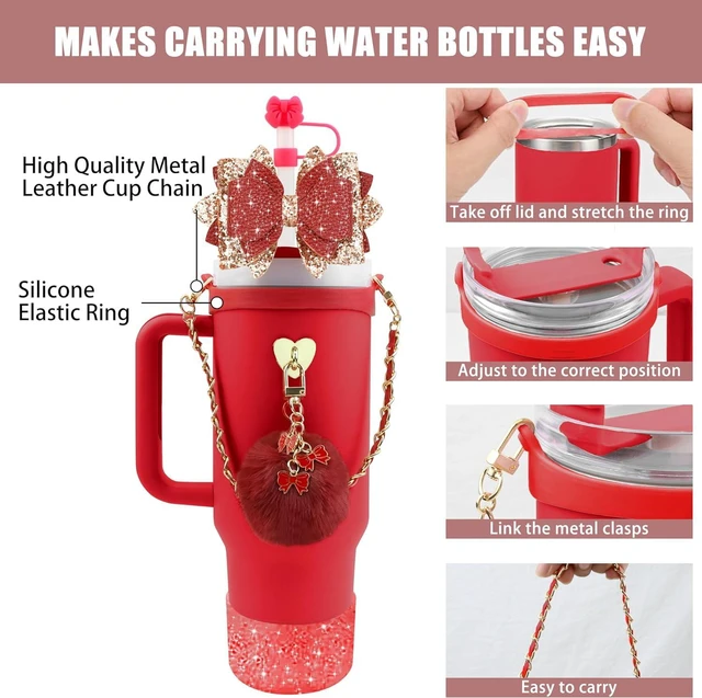 Alt view image 2 of 7 - CozyNestFinds Bling Accessories for Stanley Cup 40oz & 30oz Tumbler including Silicone Cute Bow Straw Topper Cover, Silicone Boot for Stanley Cup,Leather Water Bottle Handle Strap, Charms