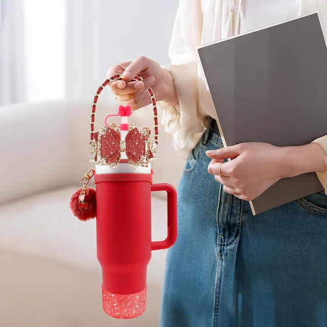 Alt view image 4 of 7 - CozyNestFinds Bling Accessories for Stanley Cup 40oz & 30oz Tumbler including Silicone Cute Bow Straw Topper Cover, Silicone Boot for Stanley Cup,Leather Water Bottle Handle Strap, Charms