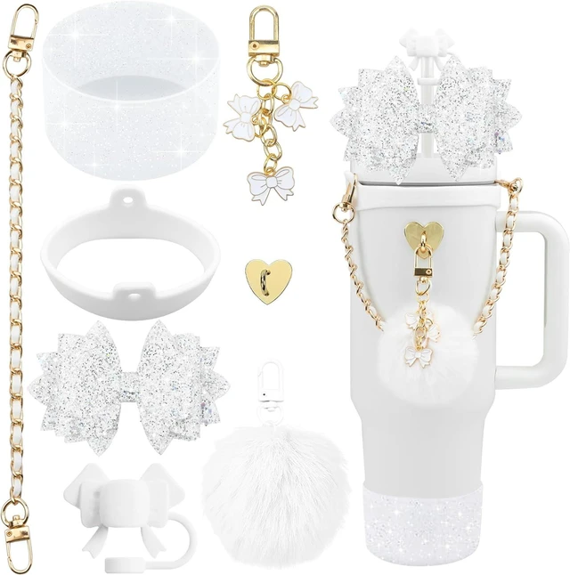 Main image of CozyNestFinds Bling Accessories for Stanley Cup 40oz & 30oz Tumbler including Silicone Cute Bow Straw Topper Cover, Silicone Boot for Stanley Cup,Leather Water Bottle Handle Strap, Charms