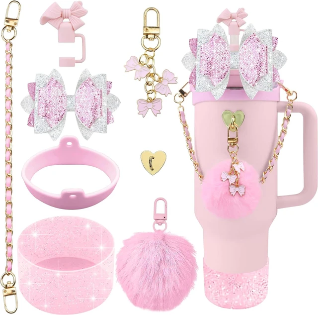 Main image of CozyNestFinds Bling Accessories for Stanley Cup 40oz & 30oz Tumbler including Silicone Cute Bow Straw Topper Cover, Silicone Boot for Stanley Cup,Leather Water Bottle Handle Strap, Charms
