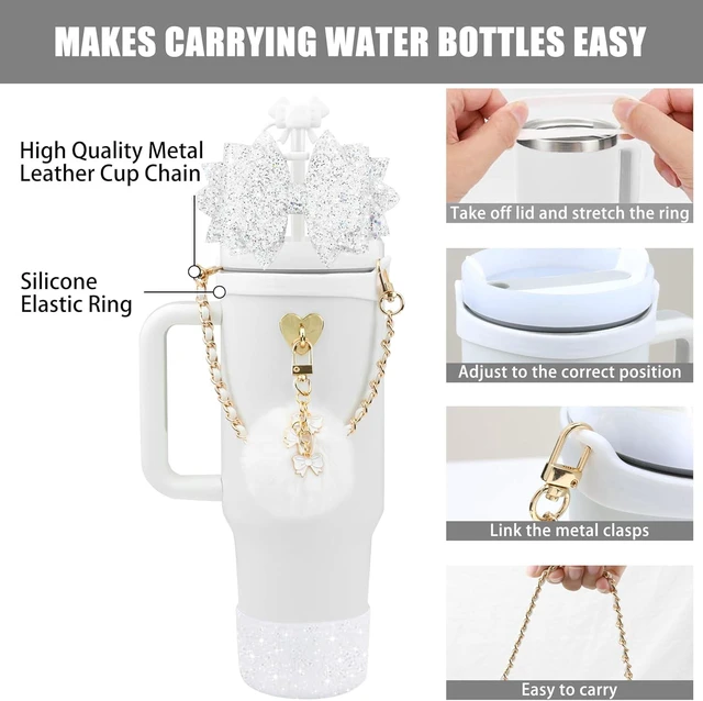 Alt view image 2 of 7 - CozyNestFinds Bling Accessories for Stanley Cup 40oz & 30oz Tumbler including Silicone Cute Bow Straw Topper Cover, Silicone Boot for Stanley Cup,Leather Water Bottle Handle Strap, Charms