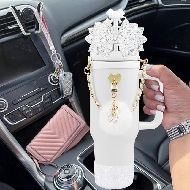 Alt view image 5 of 7 - CozyNestFinds Bling Accessories for Stanley Cup 40oz & 30oz Tumbler including Silicone Cute Bow Straw Topper Cover, Silicone Boot for Stanley Cup,Leather Water Bottle Handle Strap, Charms