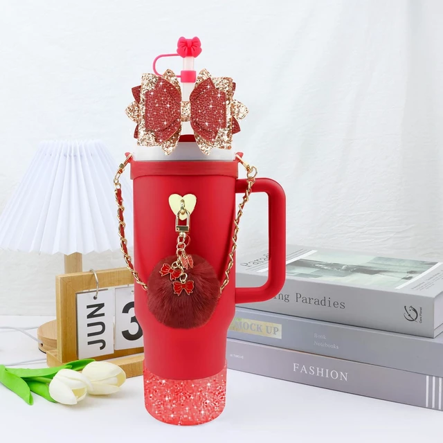 Alt view image 6 of 7 - CozyNestFinds Bling Accessories for Stanley Cup 40oz & 30oz Tumbler including Silicone Cute Bow Straw Topper Cover, Silicone Boot for Stanley Cup,Leather Water Bottle Handle Strap, Charms