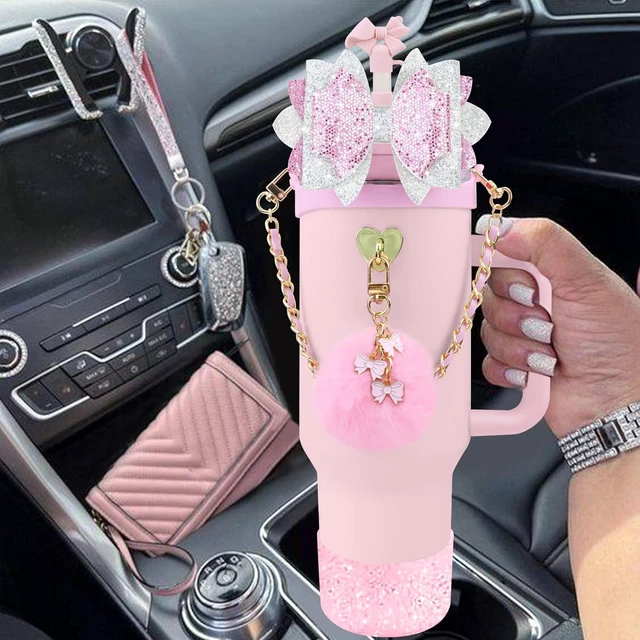 Alt view image 5 of 7 - CozyNestFinds Bling Accessories for Stanley Cup 40oz & 30oz Tumbler including Silicone Cute Bow Straw Topper Cover, Silicone Boot for Stanley Cup,Leather Water Bottle Handle Strap, Charms