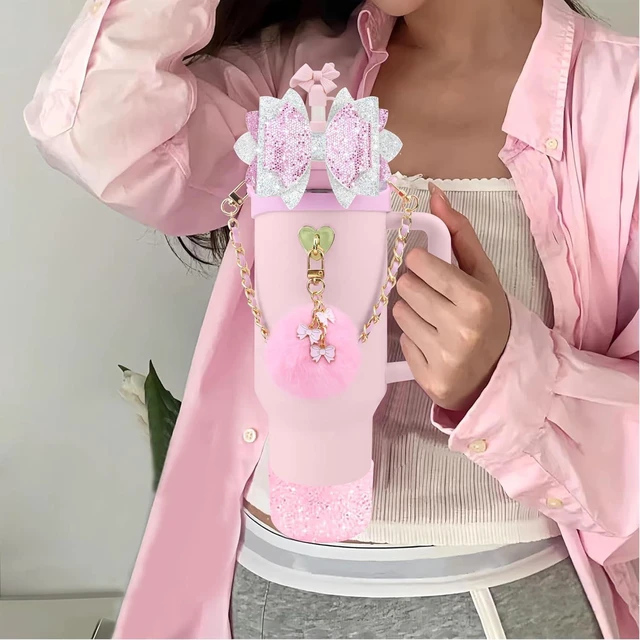 Alt view image 4 of 7 - CozyNestFinds Bling Accessories for Stanley Cup 40oz & 30oz Tumbler including Silicone Cute Bow Straw Topper Cover, Silicone Boot for Stanley Cup,Leather Water Bottle Handle Strap, Charms