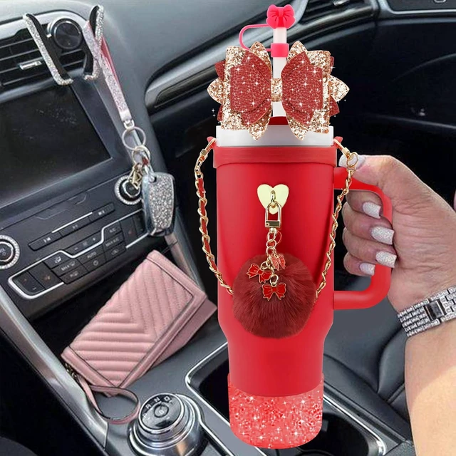 Alt view image 5 of 7 - CozyNestFinds Bling Accessories for Stanley Cup 40oz & 30oz Tumbler including Silicone Cute Bow Straw Topper Cover, Silicone Boot for Stanley Cup,Leather Water Bottle Handle Strap, Charms