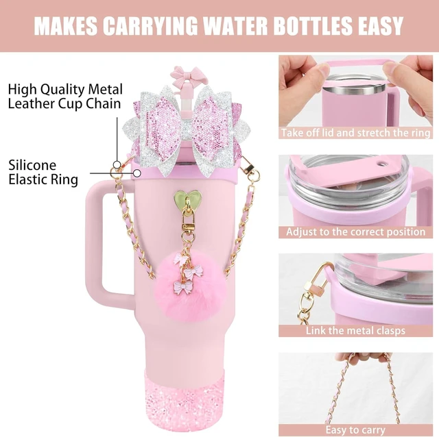 Alt view image 2 of 7 - CozyNestFinds Bling Accessories for Stanley Cup 40oz & 30oz Tumbler including Silicone Cute Bow Straw Topper Cover, Silicone Boot for Stanley Cup,Leather Water Bottle Handle Strap, Charms