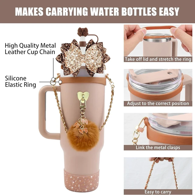 Alt view image 2 of 7 - CozyNestFinds Bling Accessories for Stanley Cup 40oz & 30oz Tumbler including Silicone Cute Bow Straw Topper Cover, Silicone Boot for Stanley Cup,Leather Water Bottle Handle Strap, Charms