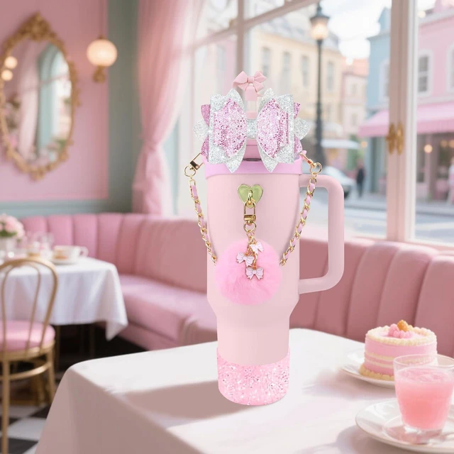 Alt view image 6 of 7 - CozyNestFinds Bling Accessories for Stanley Cup 40oz & 30oz Tumbler including Silicone Cute Bow Straw Topper Cover, Silicone Boot for Stanley Cup,Leather Water Bottle Handle Strap, Charms