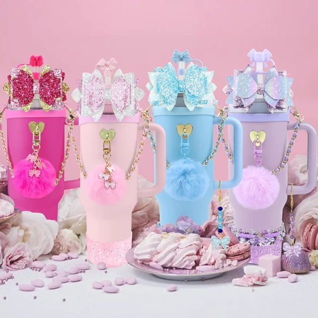 Alt view image 7 of 7 - CozyNestFinds Bling Accessories for Stanley Cup 40oz & 30oz Tumbler including Silicone Cute Bow Straw Topper Cover, Silicone Boot for Stanley Cup,Leather Water Bottle Handle Strap, Charms