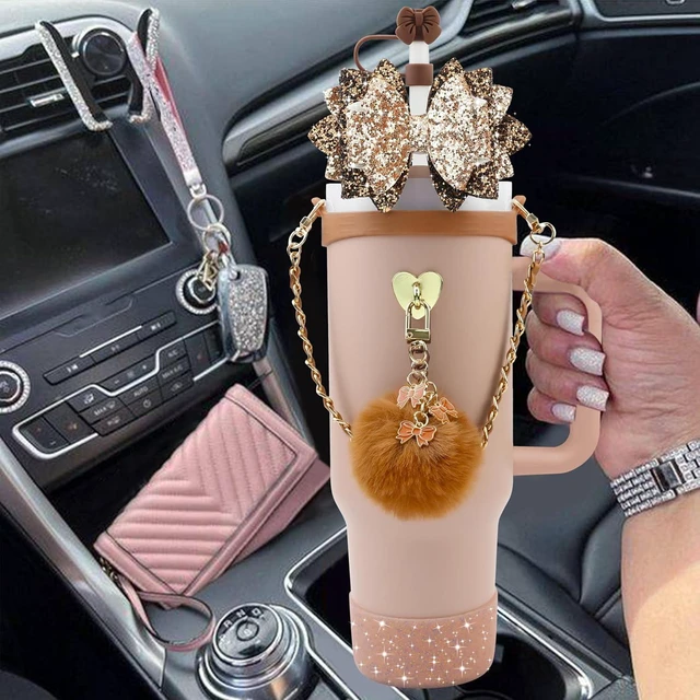 Alt view image 5 of 7 - CozyNestFinds Bling Accessories for Stanley Cup 40oz & 30oz Tumbler including Silicone Cute Bow Straw Topper Cover, Silicone Boot for Stanley Cup,Leather Water Bottle Handle Strap, Charms