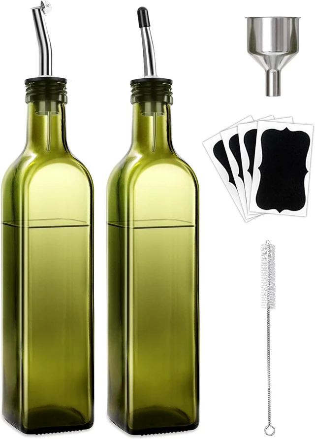 Main image of 2-Piece Glass Olive Oil & Vinegar Dispenser Set 500ml Bottles with Stainless Steel Pourers, 4 Labels, Brush & Funnel, Kitchen Cruet Set